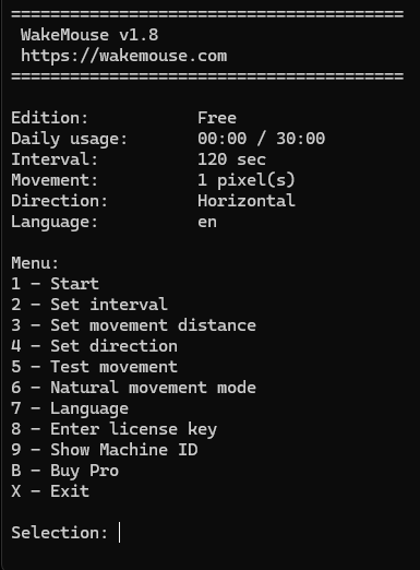 WakeMouse v1.8 application main menu