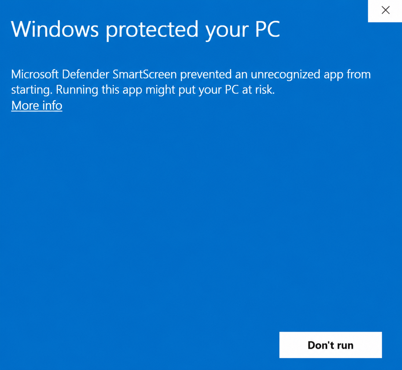 Windows SmartScreen warning with the More info link